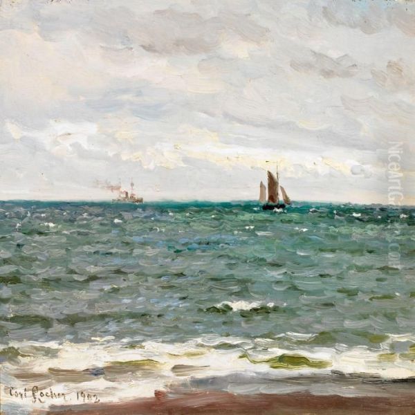 Marine With Steamer And Sailship Oil Painting by Carl Locher