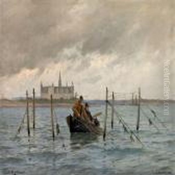 Costal Scenery At Kronborg Castle With Fishermen In A Boat Oil Painting by Carl Locher