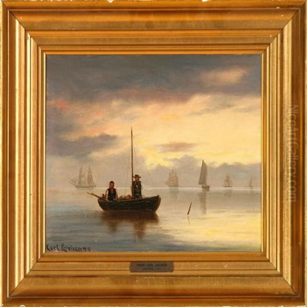 Two Fishermen In Their Boat Outside The Coast Of Hornbaek, Denmark Oil Painting by Carl Locher