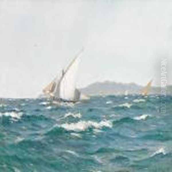 Sailboats By The Coast Oil Painting by Carl Locher