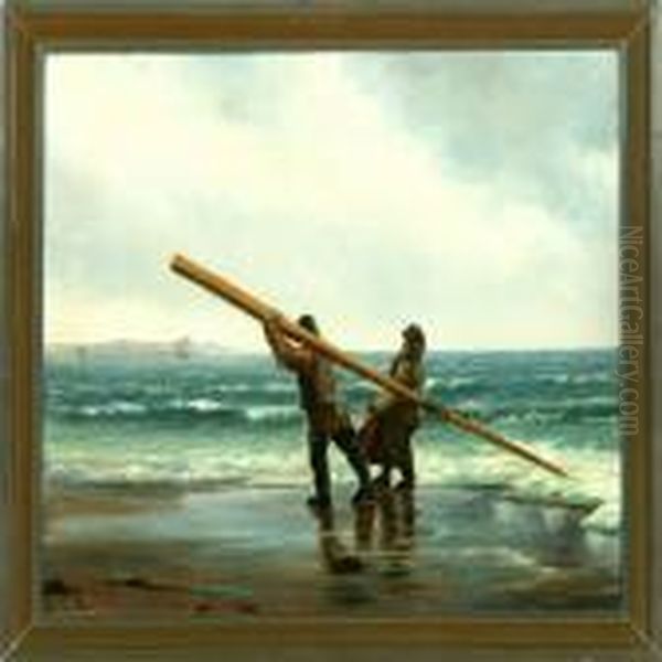 Fishermen On The Beach Oil Painting by Carl Locher