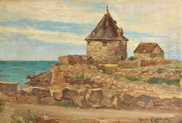 The Old Tower On Frederikso. Signed Carl Locher Oil Painting by Carl Locher