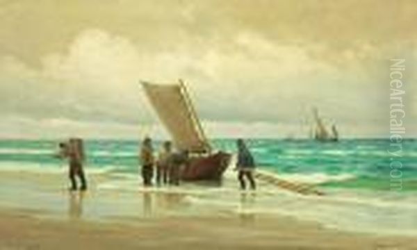 Costal Scene With Fishermen 
Landing Their Boat At The Beach. Signed Carl Locher, Skagen 1906 Oil Painting by Carl Locher