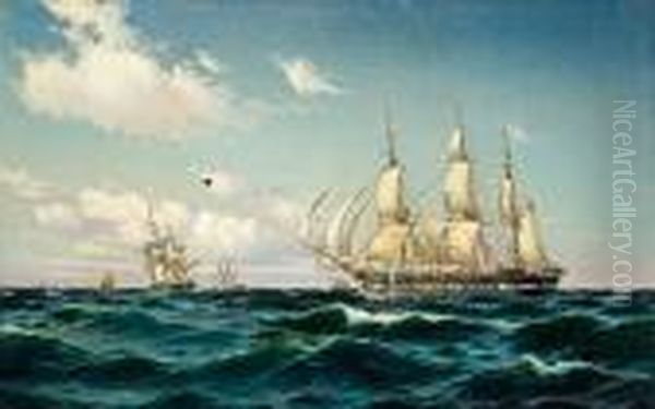 The Frigate 'fyen' In A Light Breeze Oil Painting by Carl Locher