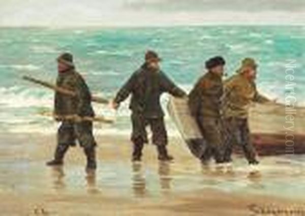 Fishermen On Skagen Beach Oil Painting by Carl Locher