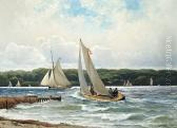 Sailing Boats In Svendborgsund Oil Painting by Carl Locher