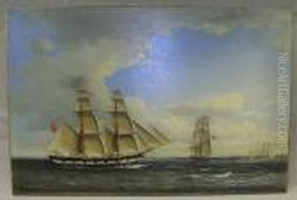 An English Brig Off Elsinore, Two Views. Oil Painting by Carl Locher