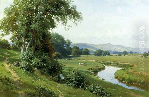 An Extensive River Landscape With A Young Girl Balancing On A Gate Oil Painting by Harry Sutton Palmer