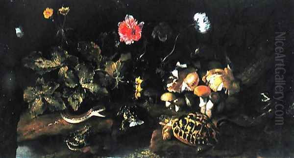 Still Life with a Snake, Frogs, Tortoise and Lizard Oil Painting by Paolo Porpora