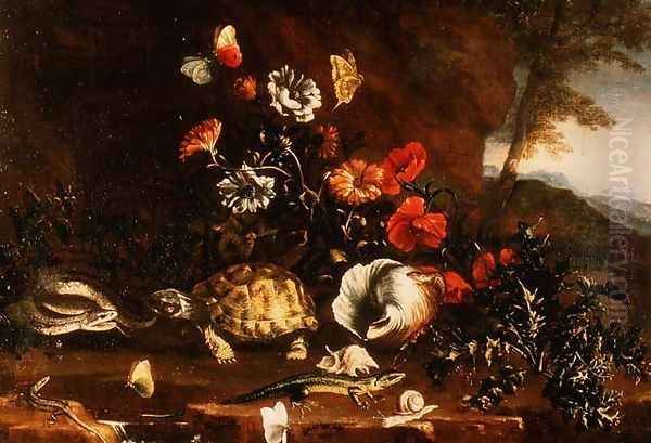 Thistles, Flowers, Reptiles and Butterflies Beside a Pool Oil Painting by Paolo Porpora