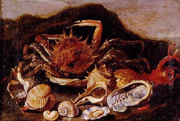 Still Life Of A Crab, Shells And Coral In A Landscape Oil Painting by Paolo Porpora