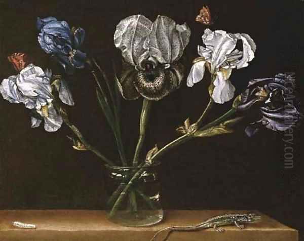 Irises in a glass jar, a lizard and a caterpillar on a tabletop Oil Painting by Paolo Porpora