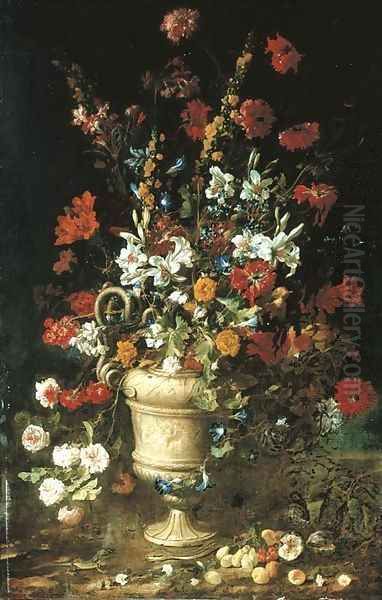 Roses, hollyhocks, lillies, convovulus and other flowers in a classical urn with fruit, a lizard and a snake Oil Painting by Paolo Porpora