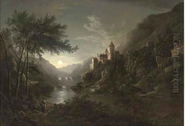 Figures beside a moonlit river with a castle on a hillside Oil Painting by Abraham Pether