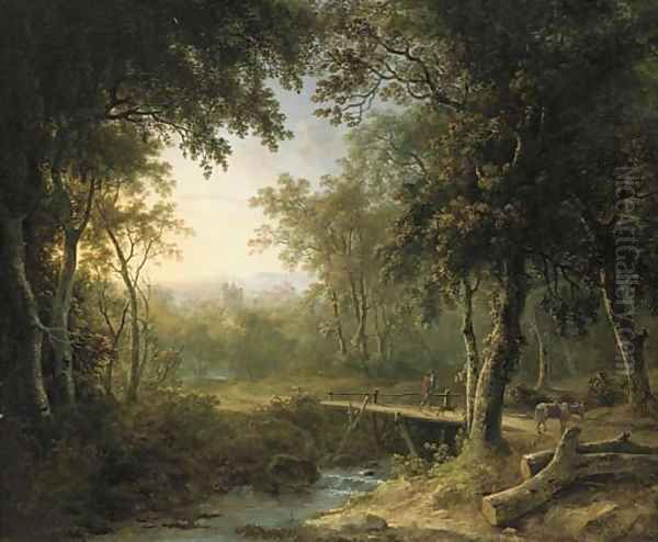 A figure on a bridge before a village at dusk Oil Painting by Abraham Pether