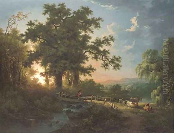 A wooded river landscape, with a faggot gatherer on a bridge, cattle and sheep Oil Painting by Abraham Pether