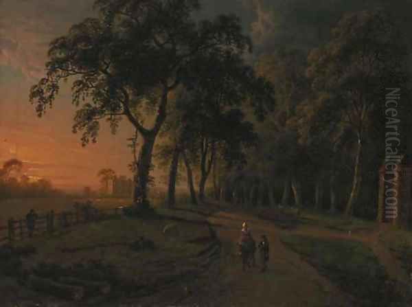 Figures on a parkland track with a country house beyond Oil Painting by Abraham Pether