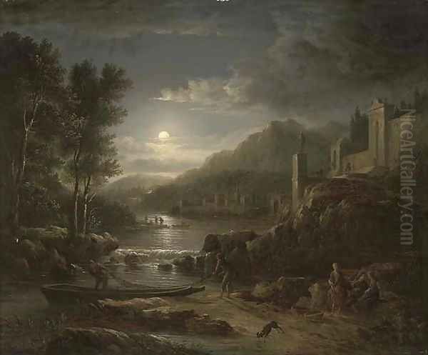 Fishermen along a river by moonlight Oil Painting by Abraham Pether