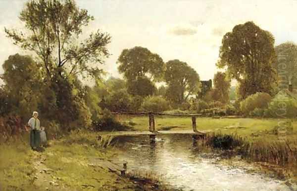 A mother and child by a stream Oil Painting by Ernest Parton