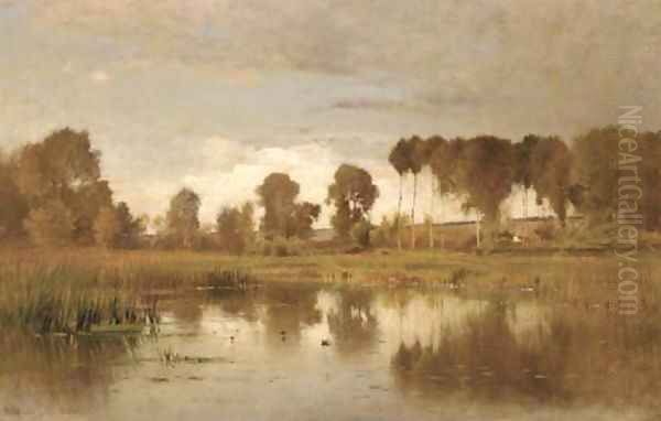 Landscape with Pond and Poplars Oil Painting by Ernest Parton