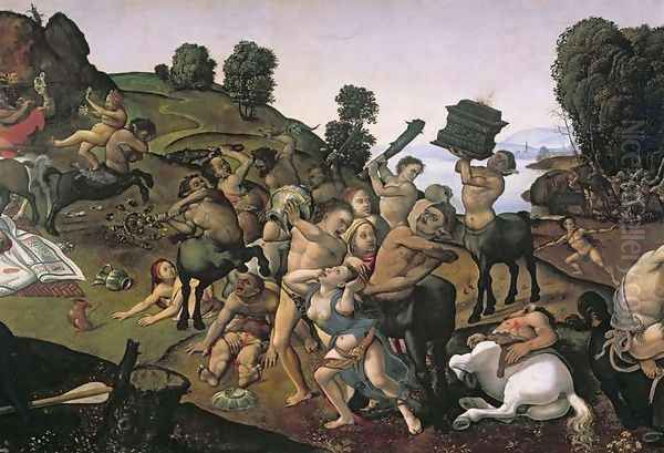 The Fight Between the Lapiths and the Centaurs, detail of Centaurs attacking the Lapiths c.1490s Oil Painting by Cosimo Piero di