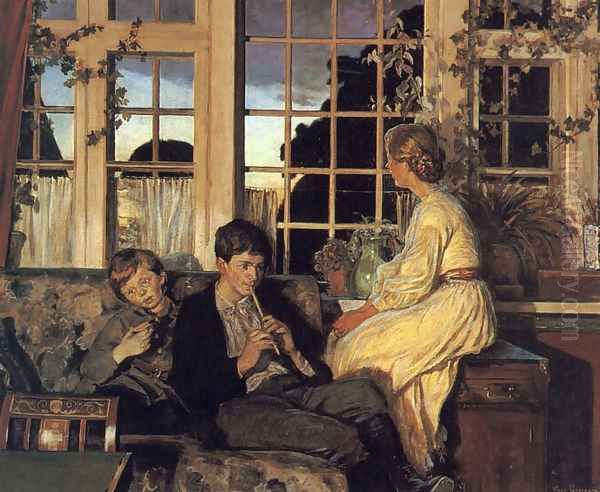 A Mother and Children by a Window at Dusk Oil Painting by Viggo Christian Frederick Pedersen