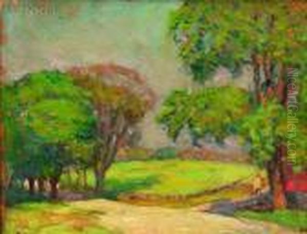 Trees, Road, And Single Figure Oil Painting by Robert Henry Logan