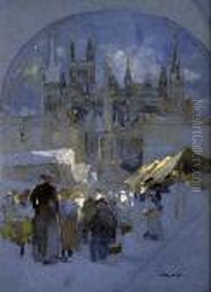 Market With Cathedral Beyond Oil Painting by Luigi Loir