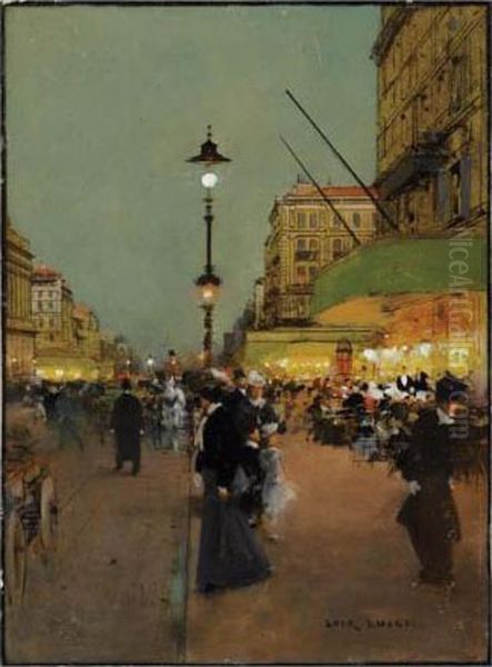 Animation Le Soir, Sur Les Grands Boulevards, A Paris Oil Painting by Luigi Loir