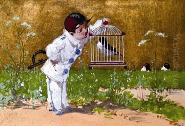 Pierrot Et L'oiseau En Cage. Oil Painting by Luigi Loir