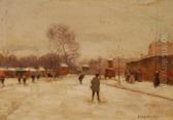 Busy Snow Covered Street Scene Oil Painting by Luigi Loir