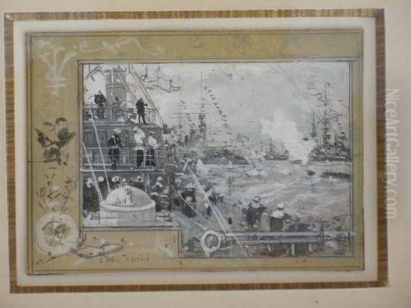 Combat Naval Oil Painting by Luigi Loir