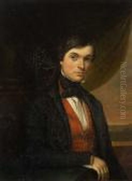 Half Length Portrait Of A Young 
Gentleman Seated Beside A Classical Column, And A Draped Window Oil Painting by Luigi Loir