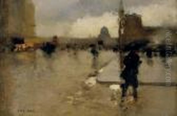 A Boulevard In Paris On A Rainy Day, The Pantheon Beyond Oil Painting by Luigi Loir