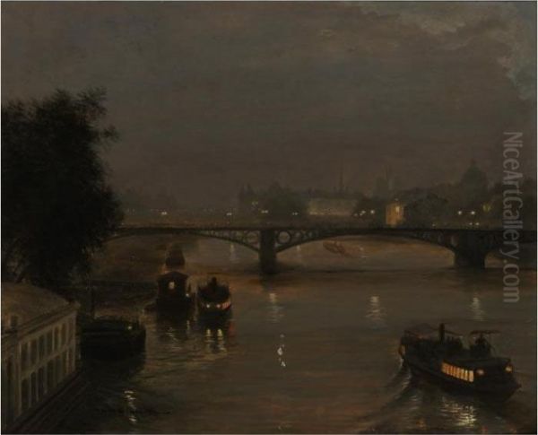 A Night On The Seine Oil Painting by Luigi Loir