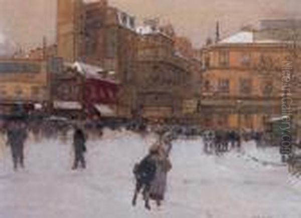 A Snowy Day At The Place Du Delta Oil Painting by Luigi Loir