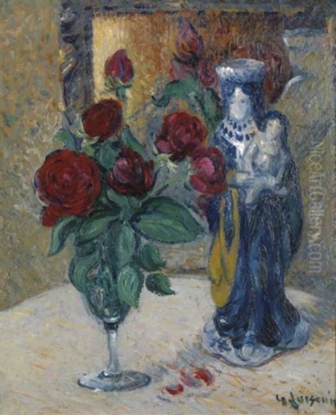 Statuette Et Roses Dans Un Verre Oil Painting by Gustave Loiseau