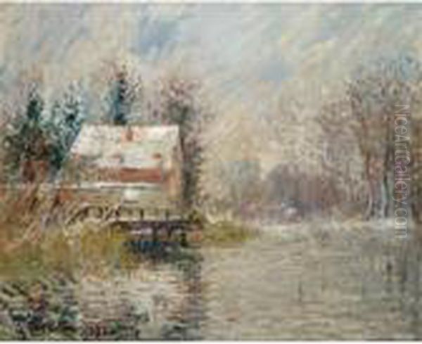 Maison Au Bord De L'eau, Effet De Neige Oil Painting by Gustave Loiseau