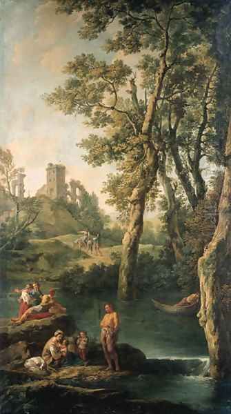 A river landscape with a peasant family, a man in a boat, fisherfolk and travellers Oil Painting by Jean-Baptiste-Marie Pierre