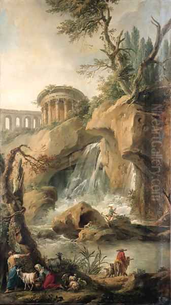 A view of the Falls of Tivoli with a peasant milking a goat, a traveller on a mule with a dog and fishermen on a rock Oil Painting by Jean-Baptiste-Marie Pierre