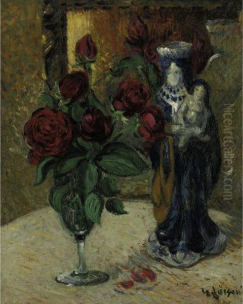 Statuette Et Roses Dans Un Vase Oil Painting by Gustave Loiseau