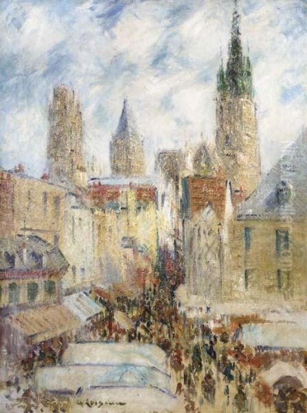 La Rue De L'epicerie A Rouen, Jour De Marche Oil Painting by Gustave Loiseau