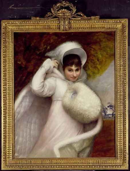 Portrait of a lady in a white dress and a fur rimmed cape Oil Painting by Rev. Matthew William Peters