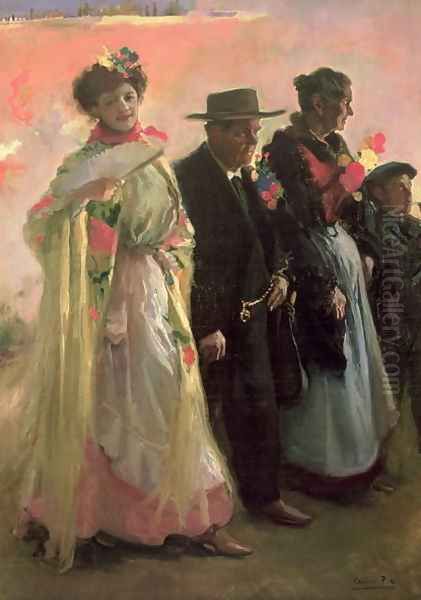 Villagers attending the celebrations of the patron of Madrid Oil Painting by Cecillio Pla Y Gallardo