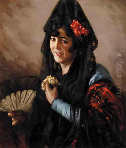 An Elegant Lady Wearing a Mantilla Oil Painting by Cecillio Pla Y Gallardo