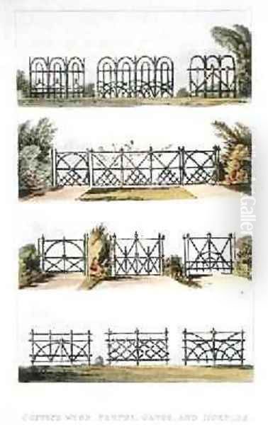 Coppice wood fences, gates and hurdles, from Ackermanns Repository of Arts, published 1823 Oil Painting by John Buonarotti Papworth