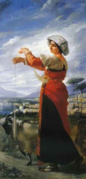 Contadina with a Goat Oil Painting by Vicente Palmaroli Y Gonzalez