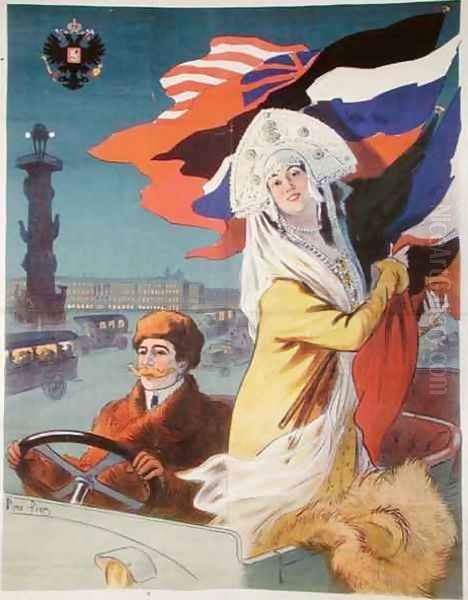 Couple in a motor car in St.Petersburg, poster advertising a French car destined for the Russian market, c.1912 Oil Painting by Rene Pean