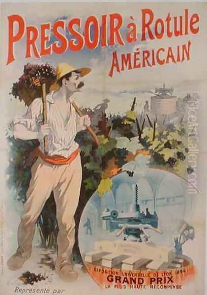 Poster advertising an American wine press, exhibited at the Exposition Universelle de Lyon, 1894 Oil Painting by Rene Pean