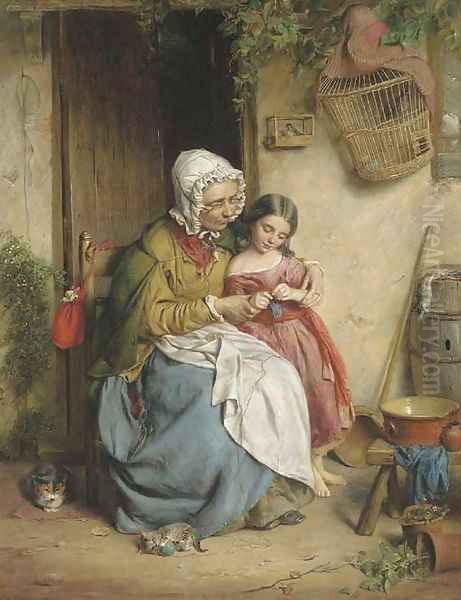 The Knitting Lesson Oil Painting by John Thomas Peele